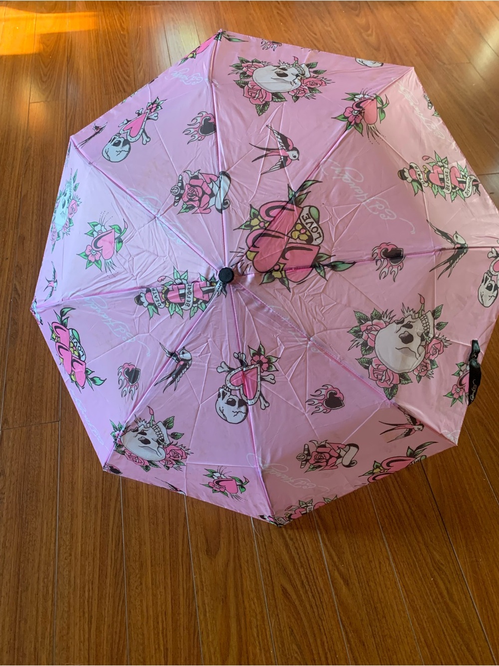 Ed Hardy Pink Skull & Heart Tattoo Print Compact Umbrella - NWT